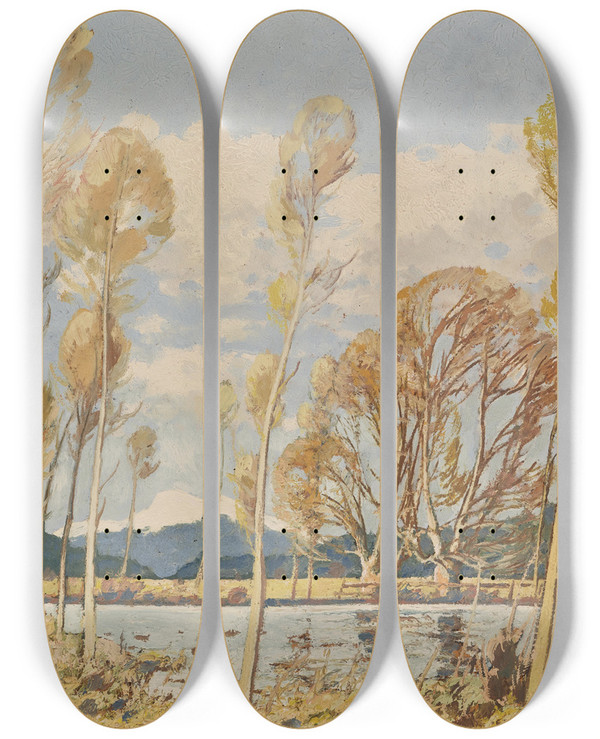 Triptych art skateboard deck of Josef Stoitzner Landschaft Im Oberpinzgau by Josef Stoitzner (1884-1951)
