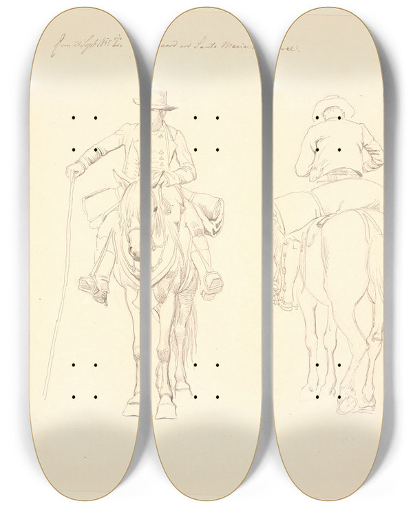 Triptych art skateboard deck of Johan Thomas Lundbye Campagnol Til Hest Set Forfra Og Bagfra Samt Studie Af En Hests Bagben by Johan Thomas Lundbye (1818-1848)