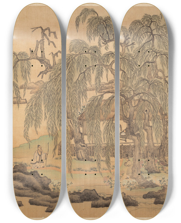 Triptych art skateboard deck of Chen Hongshou Mr Five Willows Wuliu Tao Yuanming by Chen Hongshou (1598-1652)