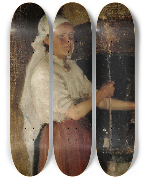 Triptych art skateboard deck of Albert Edelfelt Elli Jppinen At The Stove Study by Albert Edelfelt (1854-1905)