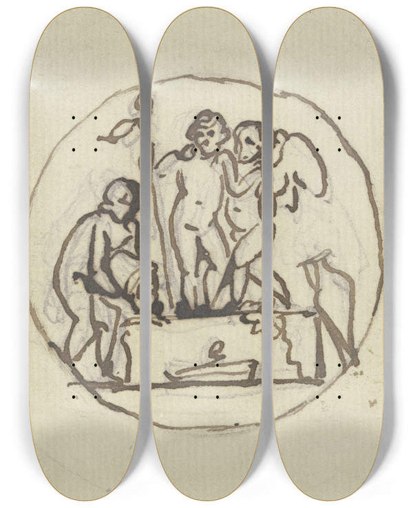 Triptych art skateboard deck of Bertel Thorvaldsen Bacchus At The Winepress by Bertel Thorvaldsen (1770-1844)
