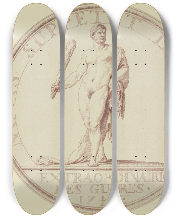 Triptych art skateboard deck of Edm Bouchardon Herkules Mit Fell Und Keule by Edme Bouchardon (1698-1762)