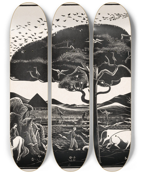 Triptych art skateboard deck of Bernard Essers Ploegende Ossen by Bernard Essers (1893-1945)