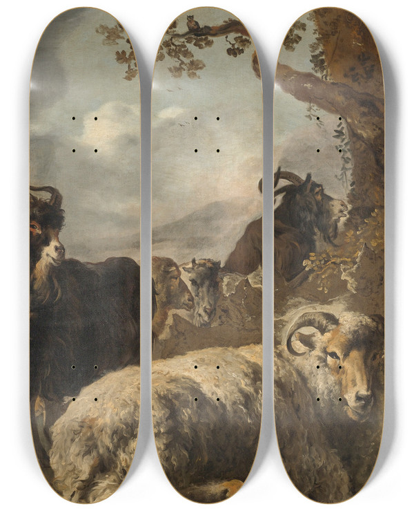Triptych art skateboard deck of Jan Baptist Weenix Shepherd Boy With Sheep And Goats by Jan Baptist Weenix (1621-1660)