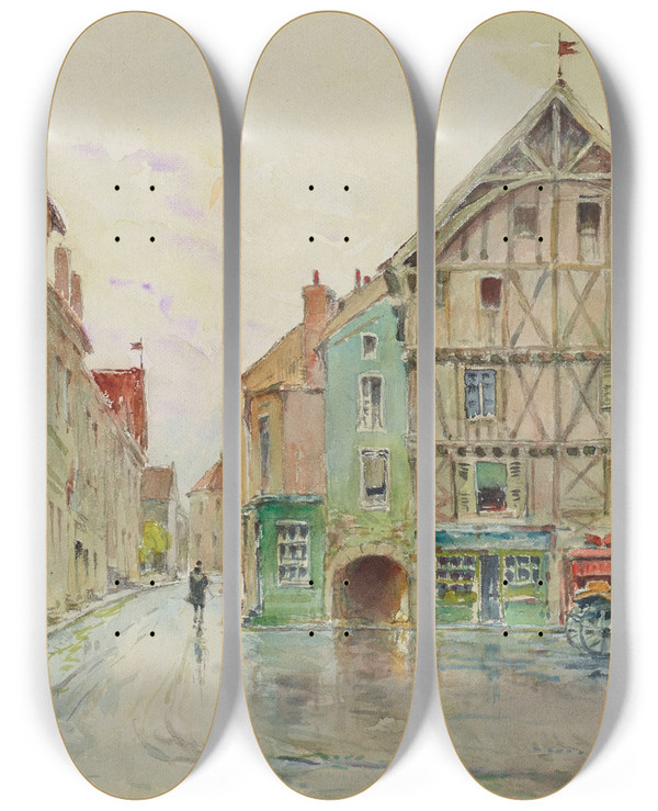 Triptych art skateboard deck of Rn Leverd Aprs La Pluie Place De Lhtel De Ville by Rene Leverd