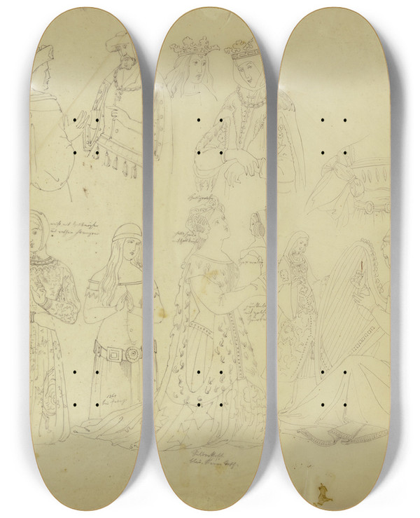 Triptych art skateboard deck of Philipp Winterwerb Medieval Figures_4 by Philipp Winterwerb (1837-1873)