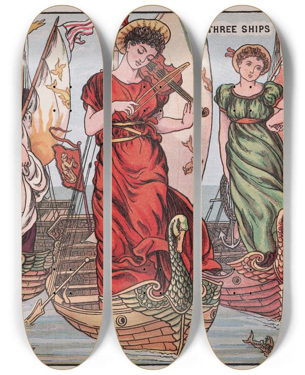 Triptych art skateboard deck of Walter Crane I Saw Three Ships by Walter Crane (1845-1915)
