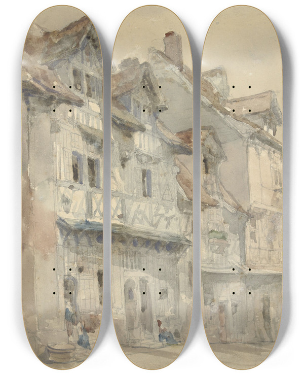 Triptych art skateboard deck of David Roberts Huizen In Dieppe by David Roberts (1796-1864)
