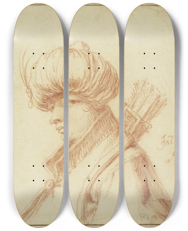 Triptych art skateboard deck of Jacob Pynas Orientale Mit Pfeil Und Bogen by Jacob Pynas