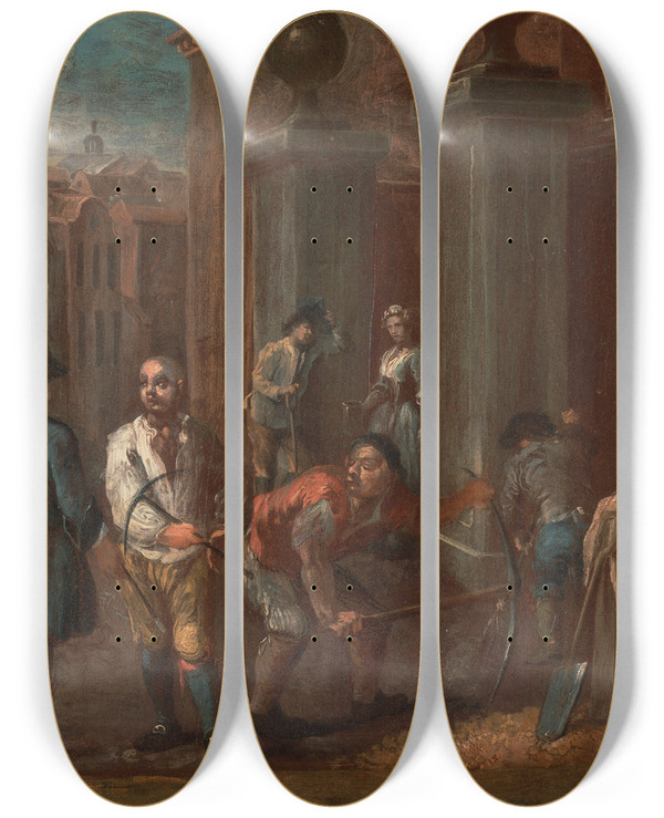 Triptych art skateboard deck of William Hogarth Sign For A Paviour by William Hogarth (1697-1764)