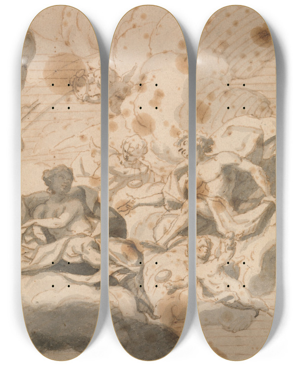 Triptych art skateboard deck of Thomas Carwitham Design For A Ceiling Decoration by Thomas Carwitham