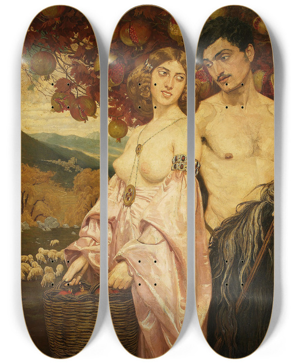 Triptych art skateboard deck of Edward Oku Self Portrait With Sicilian by Edward Okun (1872-1945)