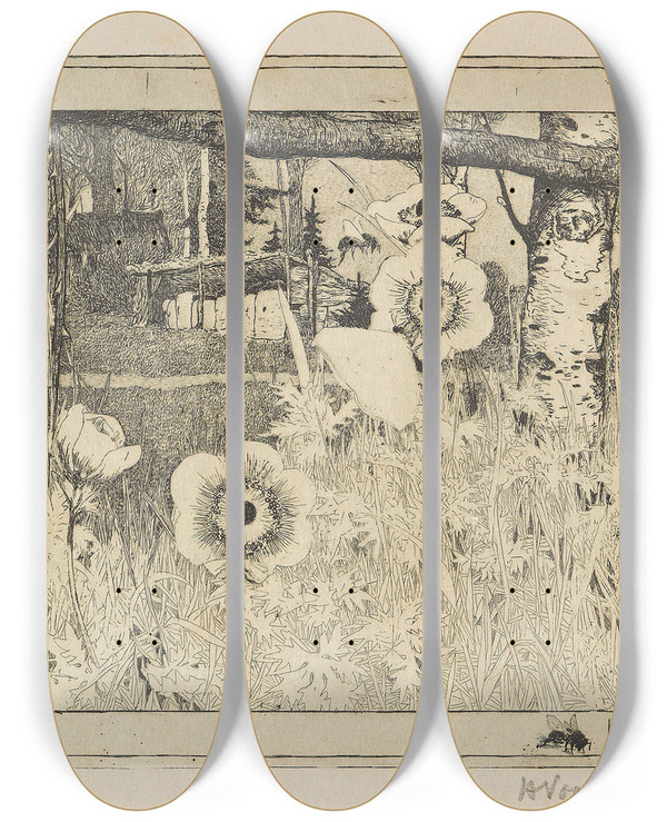 Triptych art skateboard deck of Heinrich Vogeler Frhlingsblumen by Heinrich Vogeler (1872-1942)