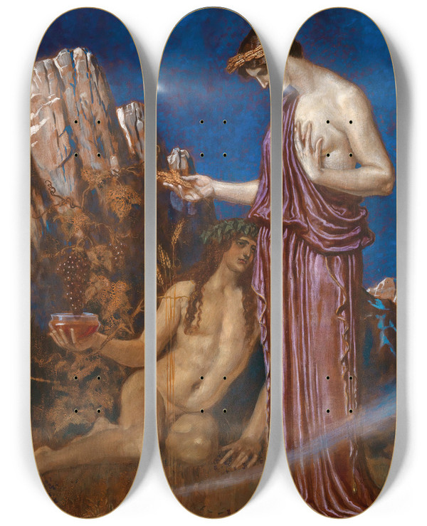 Triptych art skateboard deck of Franz Stassen Allegory Of Autumn by Franz Stassen