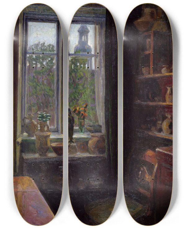 Triptych art skateboard deck of Thorvald Erichsen Interior From Copenhagen by Thorvald Erichsen (1868-1939)