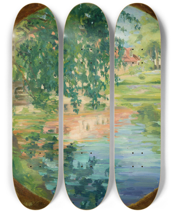 Triptych art skateboard deck of Lilly Walther Landscape by Lilly Walther (1866-1946)