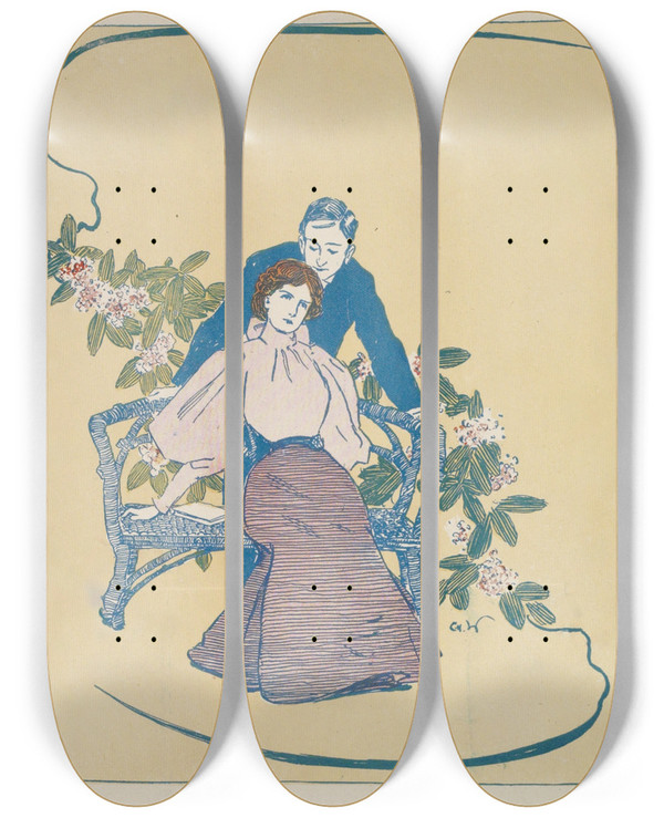 Triptych art skateboard deck of Charles Wright Couple Surrounded By Flowers by Charles Wright (1852-1901)