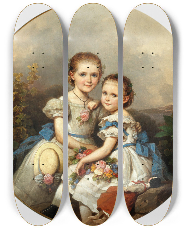 Triptych art skateboard deck of Johann Grund Siblings With Strawhat And Doll by Johann Grund (1808-1887)