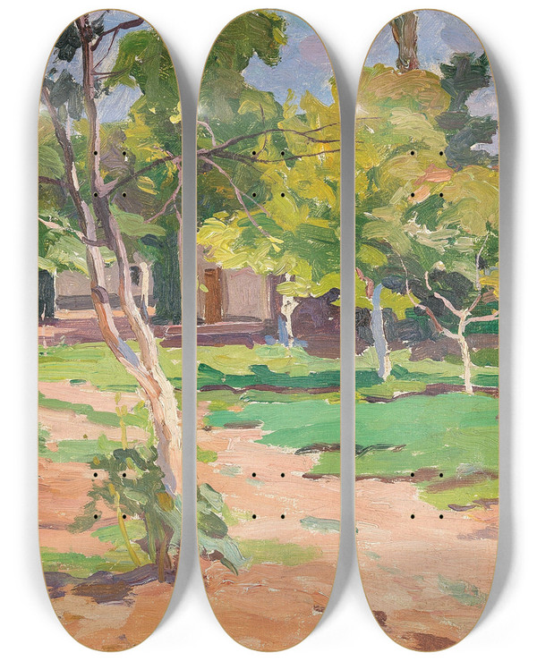 Triptych art skateboard deck of Nikolai Semenovich Samokish A Summer Garden by Nikolai Semenovich Samokish (1860-1944)
