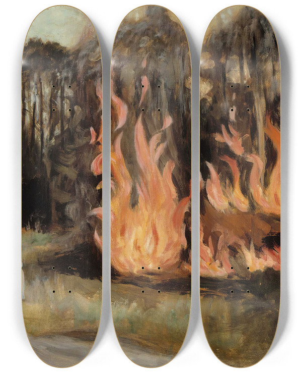Triptych art skateboard deck of Hugo Simberg Bonfires by Hugo Simberg (1873-1917)