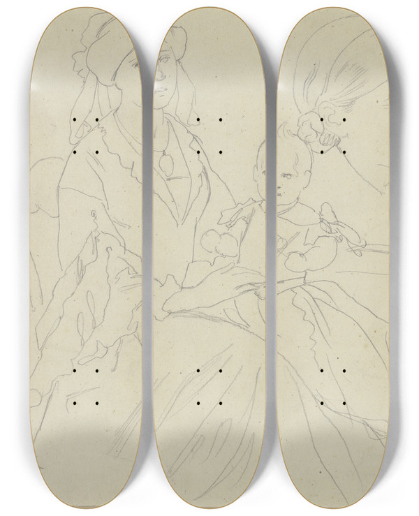 Triptych art skateboard deck of Jakob Becker Mother With Child_1 by Jakob Becker (1810-1872)