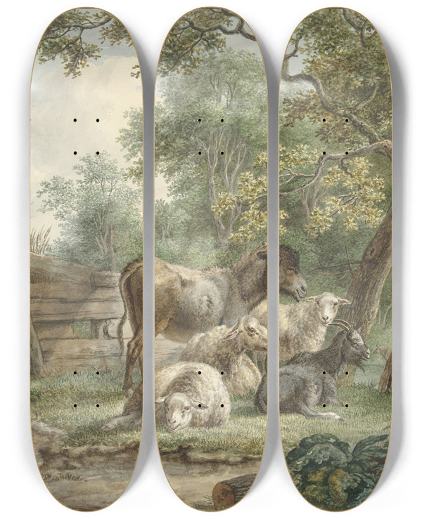 Triptych art skateboard deck of Pieter Gerardus Van Os Cattle In An Orchard by Pieter Gerardus Van Os (1776-1836)