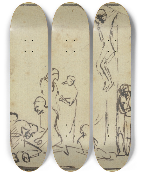 Triptych art skateboard deck of Samuel Van Hoogstraten Crucifixion by Samuel Van Hoogstraten (1627-1678)