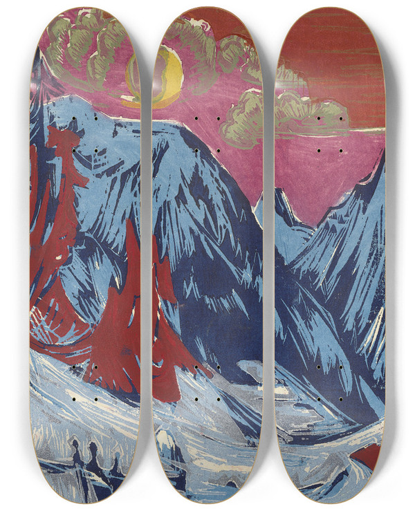 Triptych art skateboard deck of Ernst Ludwig Kirchner Lngmatte Bei Monduntergang_1 by Ernst Ludwig Kirchner (1880-1938)