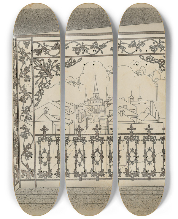 Triptych art skateboard deck of Lucien Verbeke Iron Balcony by Lucien Verbeke