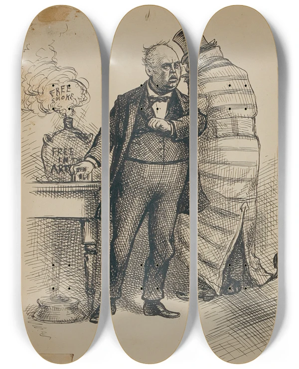 Triptych art skateboard deck of Thomas Nast Free Smoke by Thomas Nast (1840-1902)