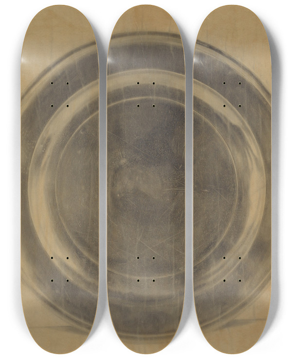 Triptych art skateboard deck of Harry Goodman Pewter Platter by Harry Goodman