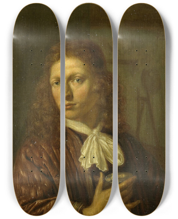 Triptych art skateboard deck of Johan Van Haensbergen Self Portrait by Johan Van Haensbergen (1642-1705)
