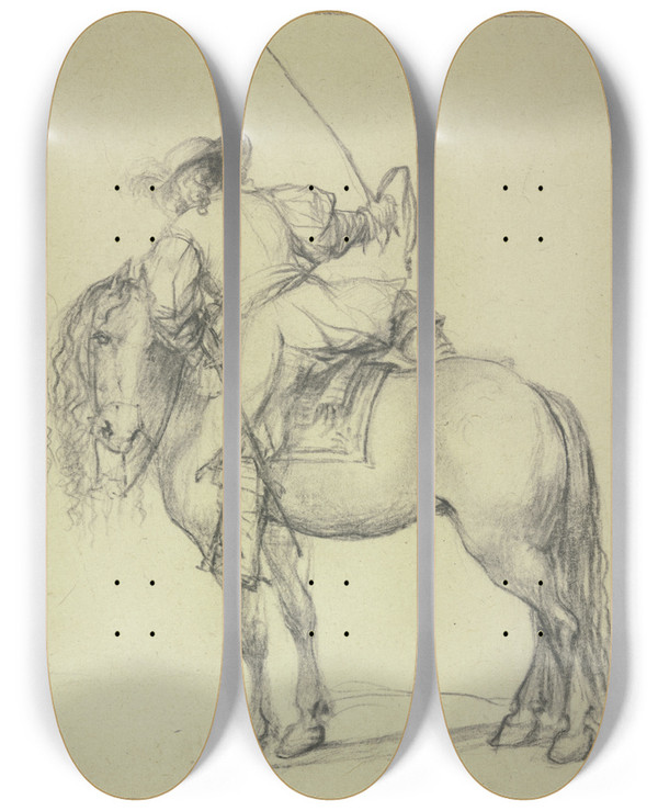 Triptych art skateboard deck of Pieter Wouwerman Ein Kavalier Der Zu Pferde Steigt by Pieter Wouwerman (1623-1682)