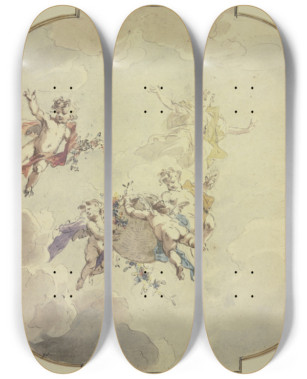 Triptych art skateboard deck of Jacob De Wit Flora And Putti by Jacob de Wit (1695-1754)