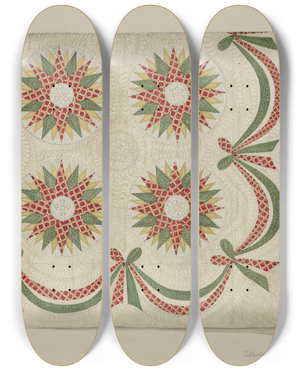 Triptych art skateboard deck of Catherine Fowler Quilt by Catherine Fowler