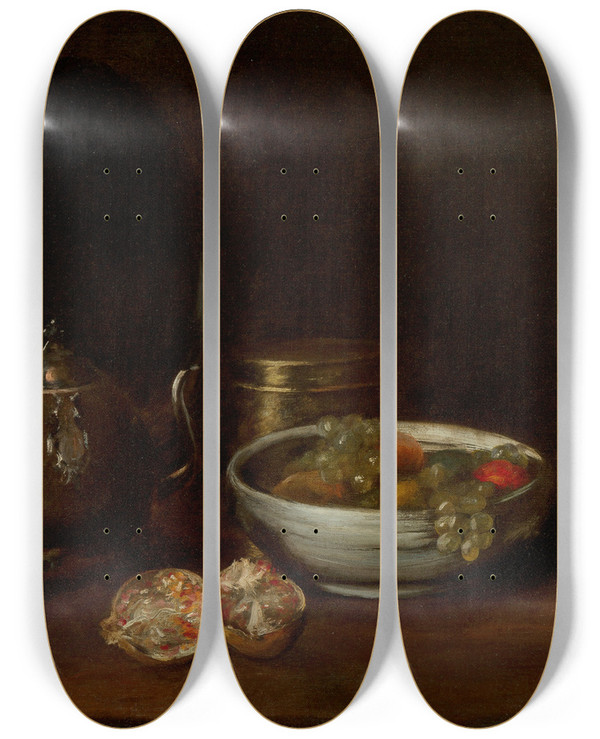 Triptych art skateboard deck of William Merritt Chase Still Life With Tea Kettle And Fruit by William Merritt Chase (1849-1916)