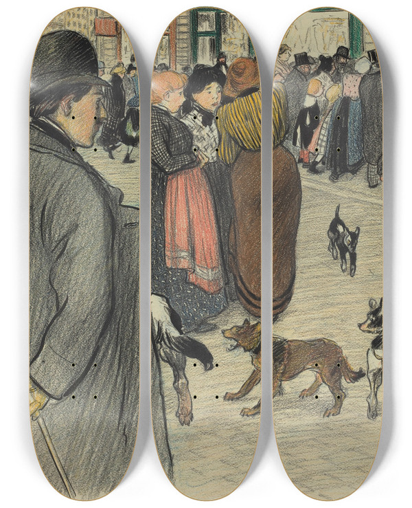 Triptych art skateboard deck of Thophile Alexandre Steinlen Watching The Crowd by Theophile Alexandre Steinlen (1859-1923)