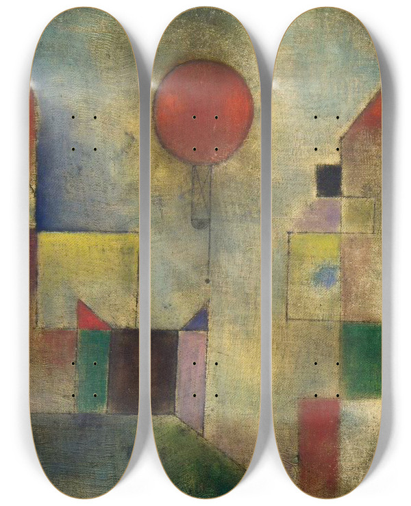 Triptych art skateboard deck of Paul Klee Red Balloon by Paul Klee (1879-1940)