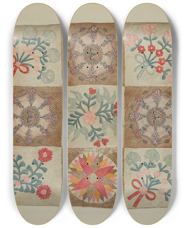 Triptych art skateboard deck of A Zimet Applique And Patchwork Quilt by A Zimet