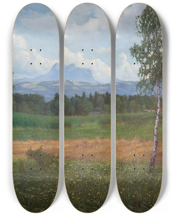 Triptych art skateboard deck of Michael Licklederer Blick Zum Heuberg by Michael Licklederer (1863-1948)