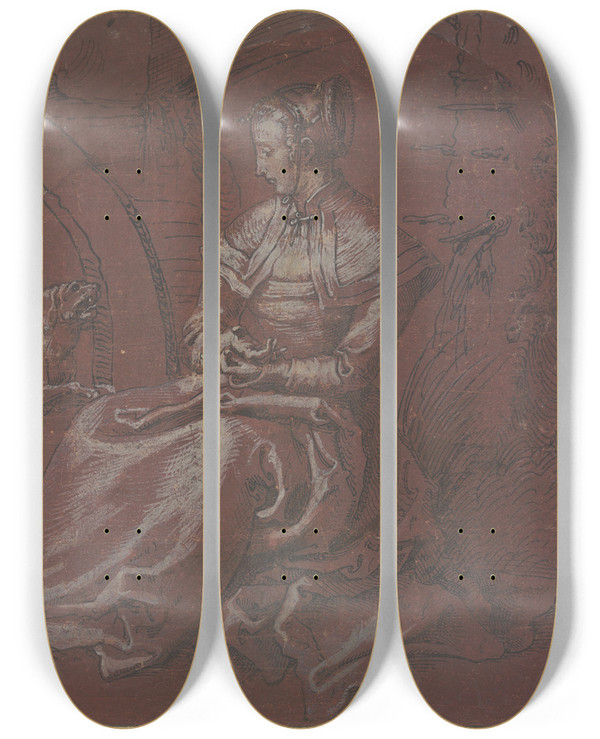 Triptych art skateboard deck of Niklaus Manuel Sitzende Frau Mit Einem Hund by Niklaus Manuel (1484-1530)