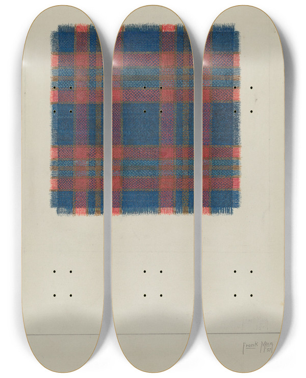 Triptych art skateboard deck of Frank J Mace Plaid Homespun Coverlet by Frank J Mace