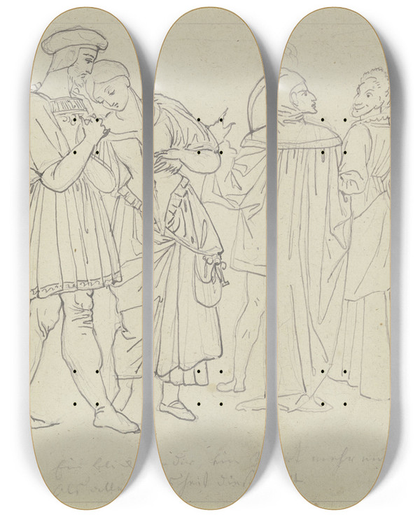 Triptych art skateboard deck of Peter Von Cornelius Der Spaziergang Im Garten Faust Und Gretchen Mephisto Und Marthe by Peter Von Cornelius (1784-1867)
