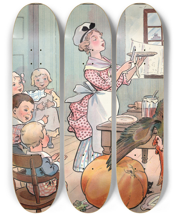 Triptych art skateboard deck of Louis Glackens Puck Thanksgiving_1 by Louis Glackens (1866-1933)