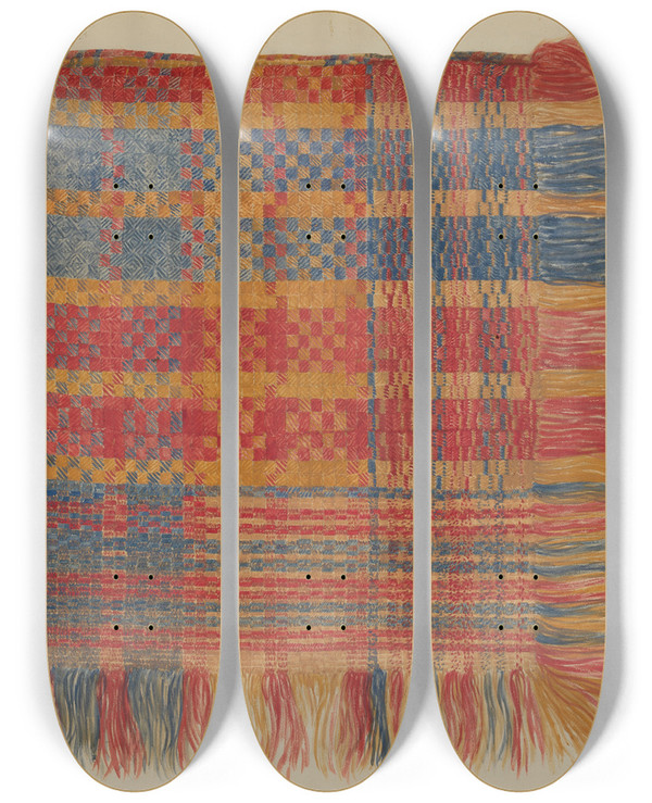 Triptych art skateboard deck of Eva Wilson Coverlet Plaid by Eva Wilson