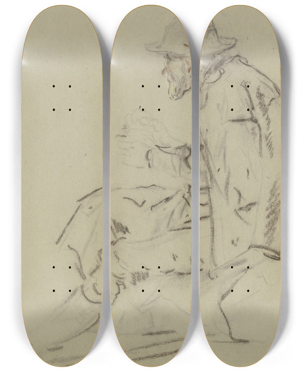 Triptych art skateboard deck of Anton Burger Treiber Auf Einem Steinblock Ruhend by Anton Burger (1824-1905)