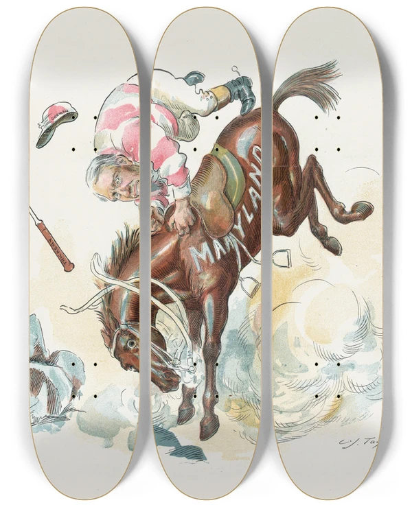 Triptych art skateboard deck of Charles Jay Taylor Shaking Him Off by Charles Jay Taylor (1855-1929)