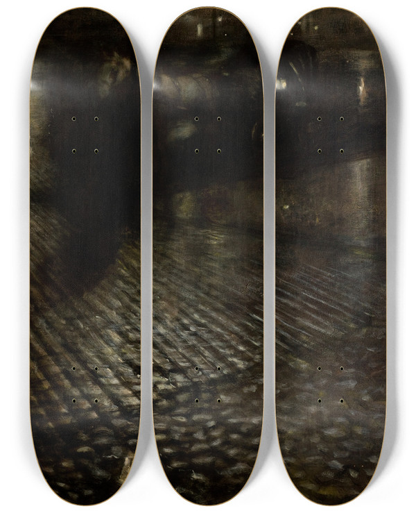Triptych art skateboard deck of Jzef Pankiewicz Cab In The Rain by Jozef Pankiewicz (1866-1940)