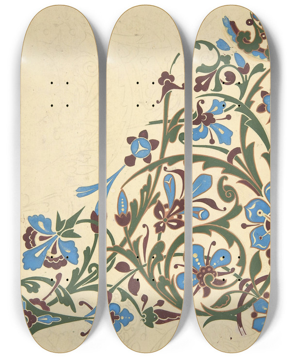 Triptych art skateboard deck of Christopher Dresser Design For A Floral Pattern by Christopher Dresser (1834-1904)