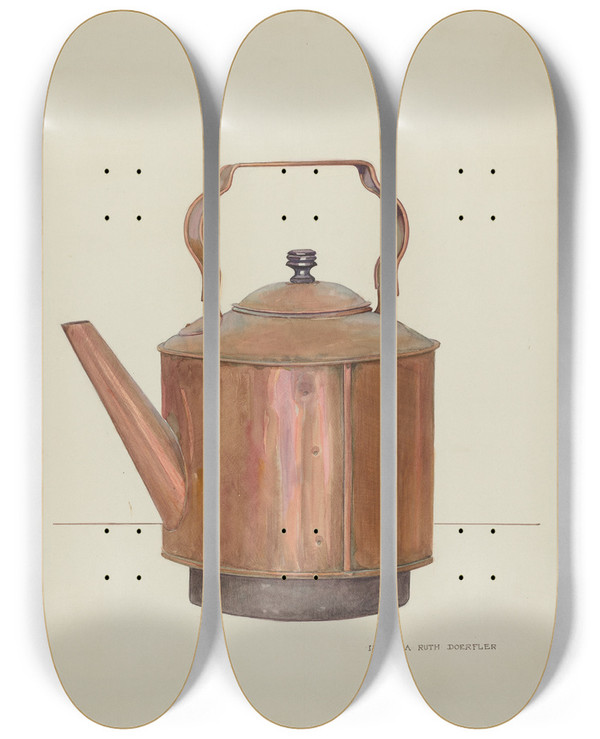 Triptych art skateboard deck of Isabella Ruth Doerfler Copper Tea Kettle by Isabella Ruth Doerfler